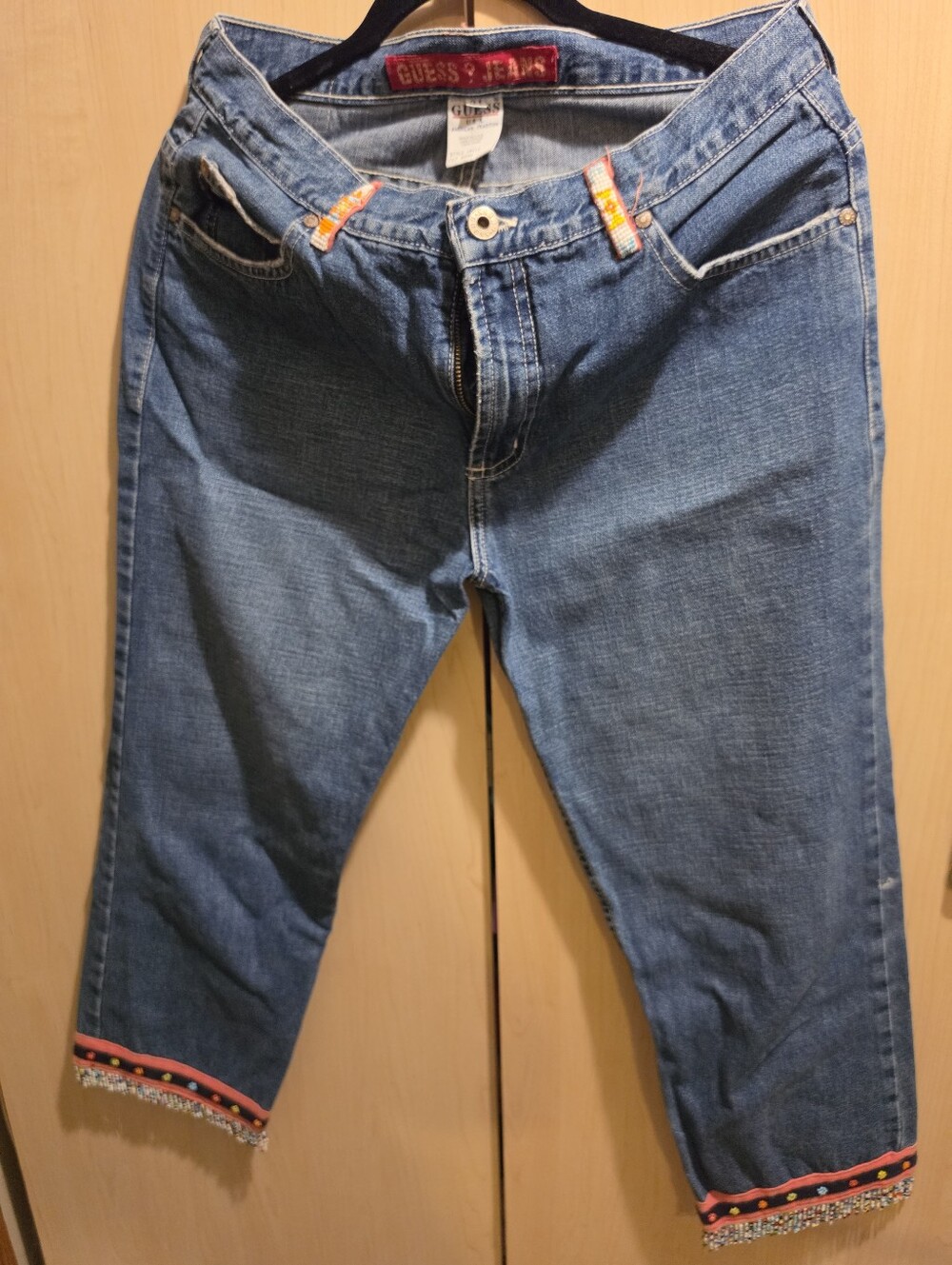 GUESS Blue Denim Cropped Jeans with Decorative Hem Trim